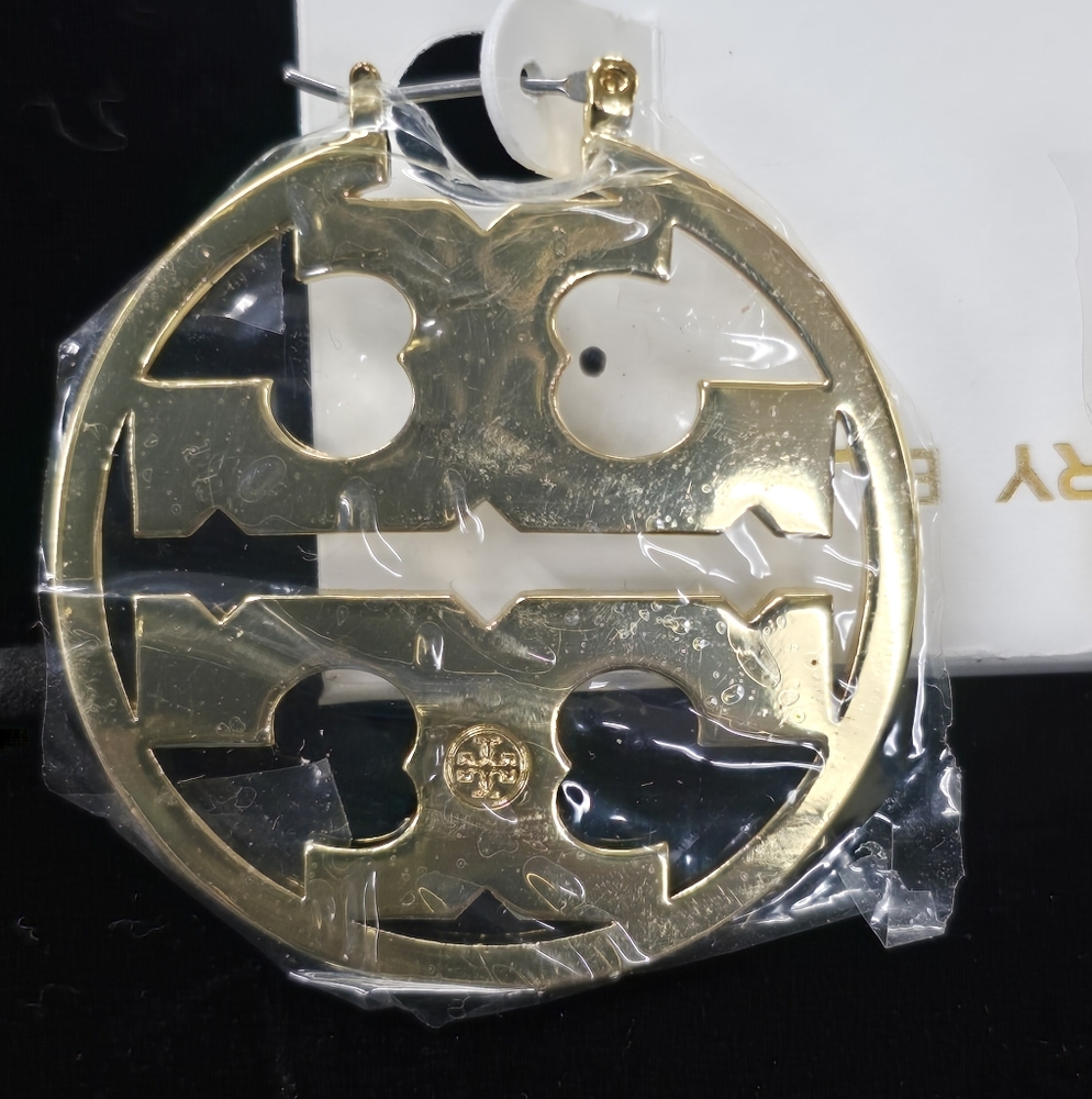 Tory Burch Black and Gold Logo Hoop Earrings - Picture 3 of 4